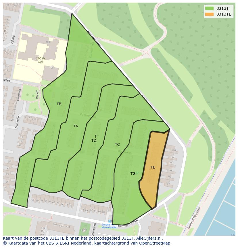 Afbeelding van het postcodegebied 3313 TE op de kaart.