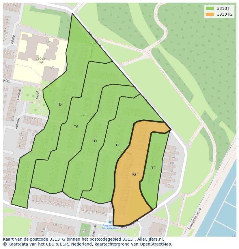 Afbeelding van het postcodegebied 3313 TG op de kaart.