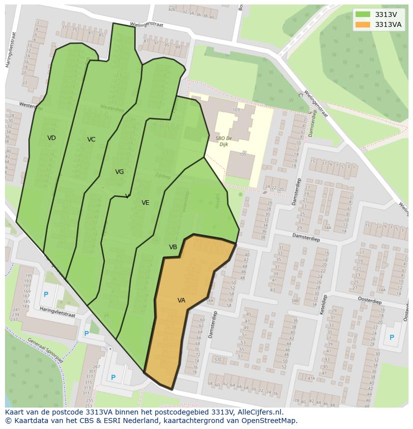 Afbeelding van het postcodegebied 3313 VA op de kaart.