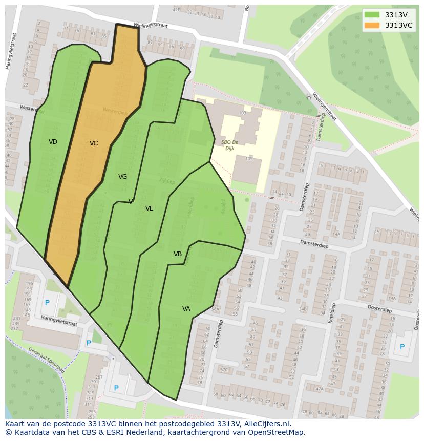 Afbeelding van het postcodegebied 3313 VC op de kaart.