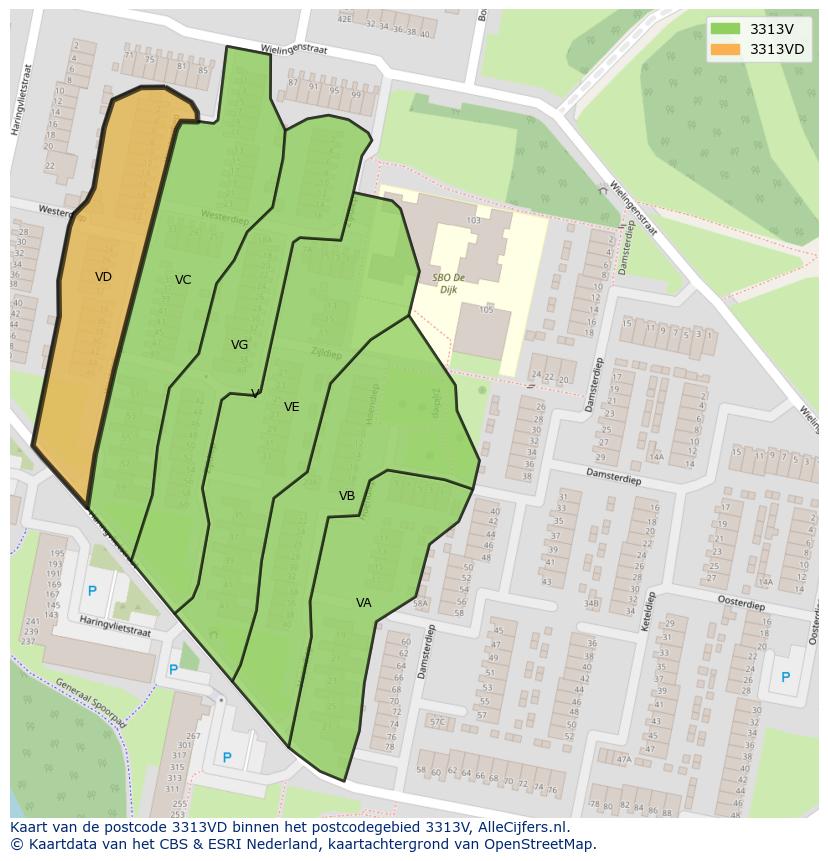 Afbeelding van het postcodegebied 3313 VD op de kaart.