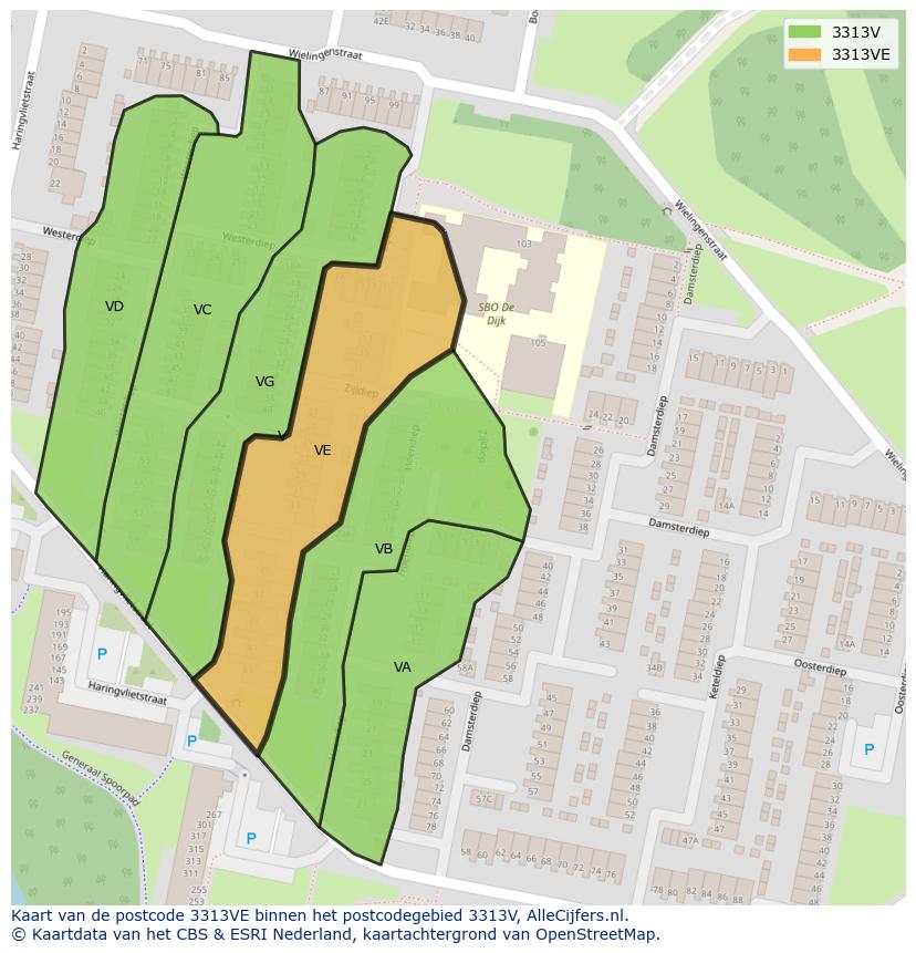 Afbeelding van het postcodegebied 3313 VE op de kaart.