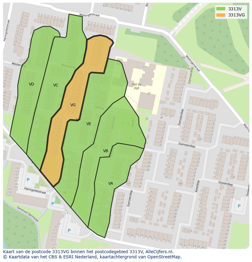 Afbeelding van het postcodegebied 3313 VG op de kaart.