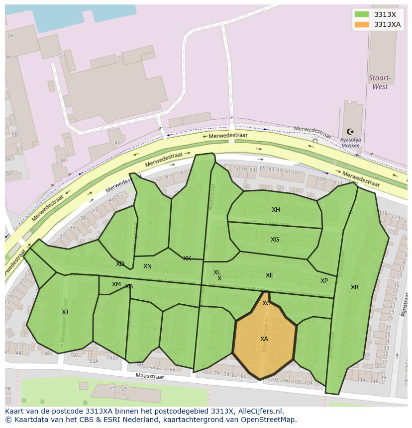 Afbeelding van het postcodegebied 3313 XA op de kaart.
