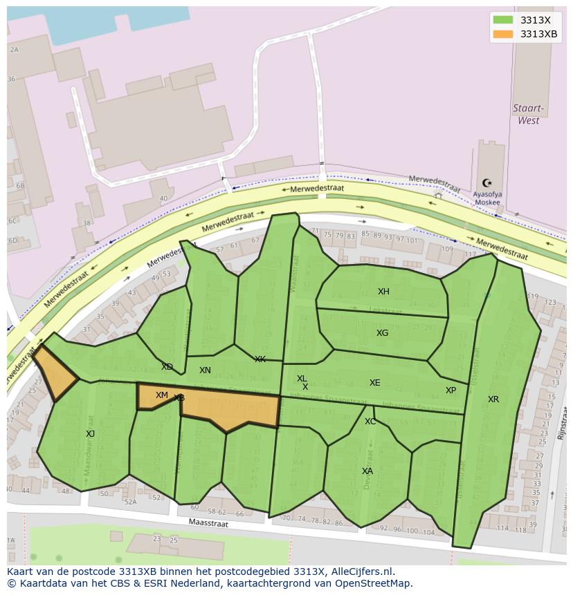 Afbeelding van het postcodegebied 3313 XB op de kaart.