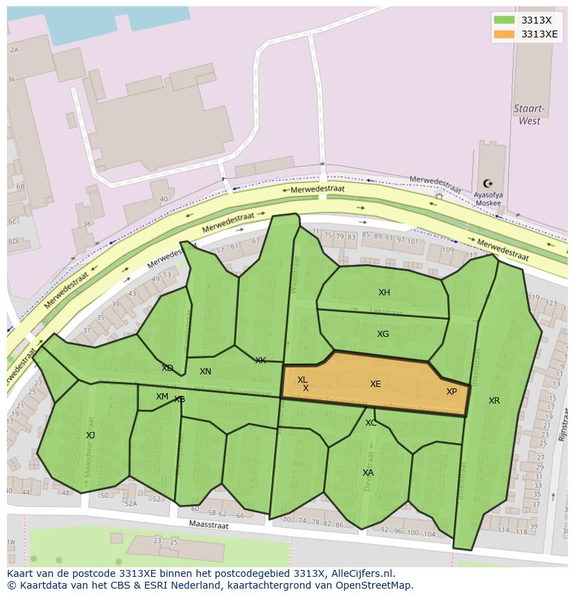 Afbeelding van het postcodegebied 3313 XE op de kaart.