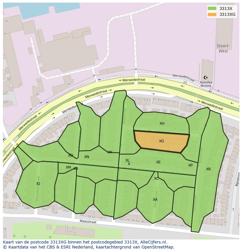 Afbeelding van het postcodegebied 3313 XG op de kaart.