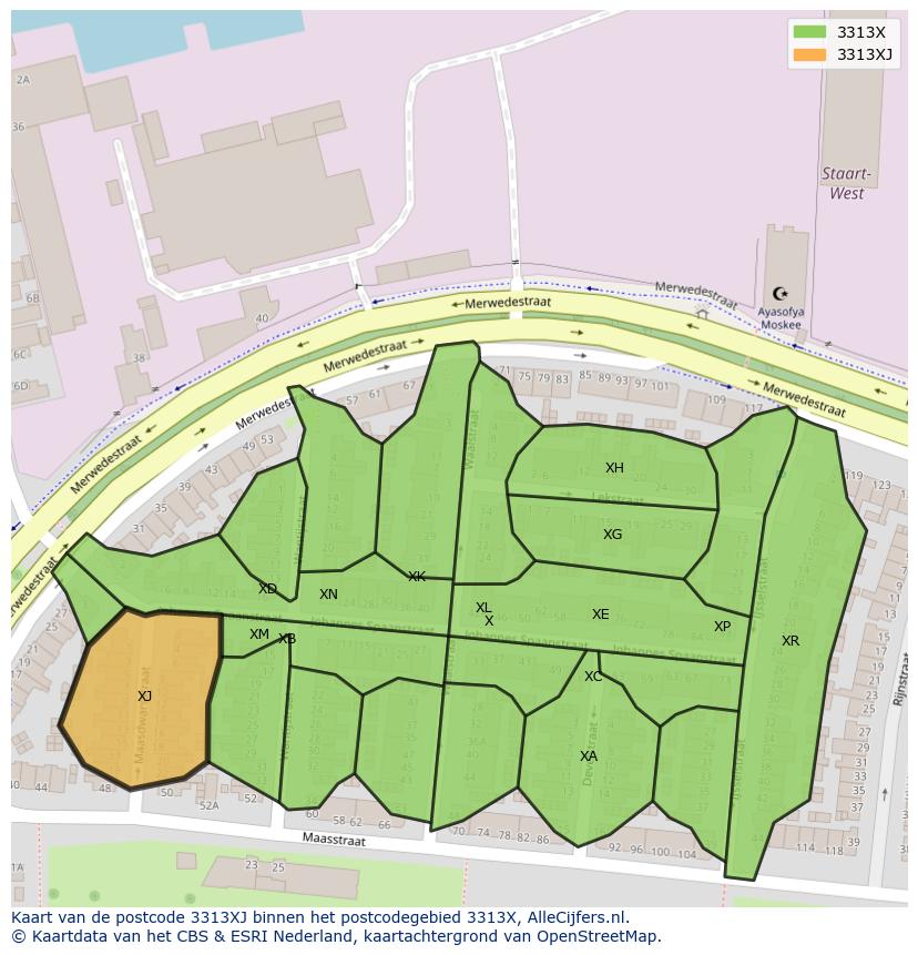 Afbeelding van het postcodegebied 3313 XJ op de kaart.