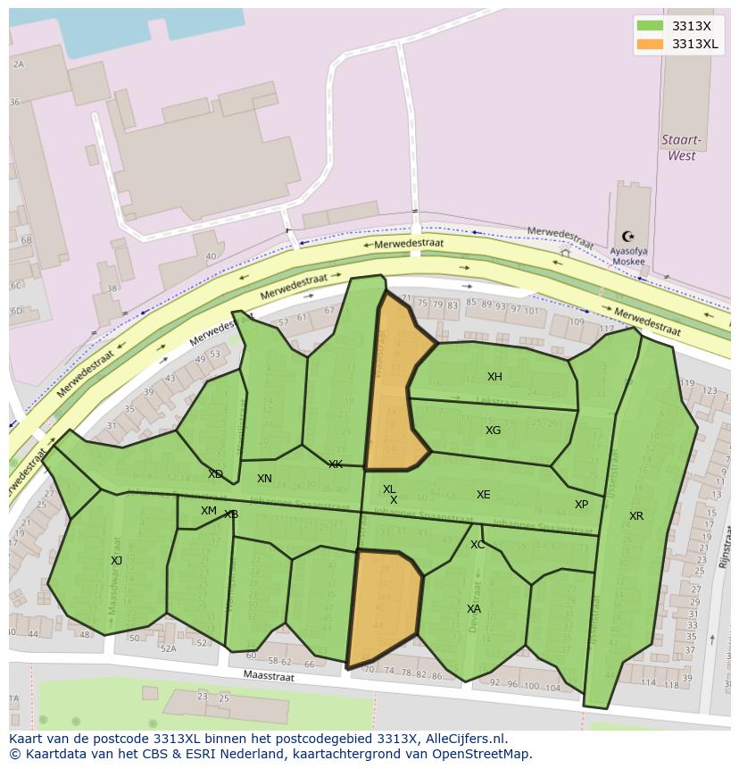 Afbeelding van het postcodegebied 3313 XL op de kaart.