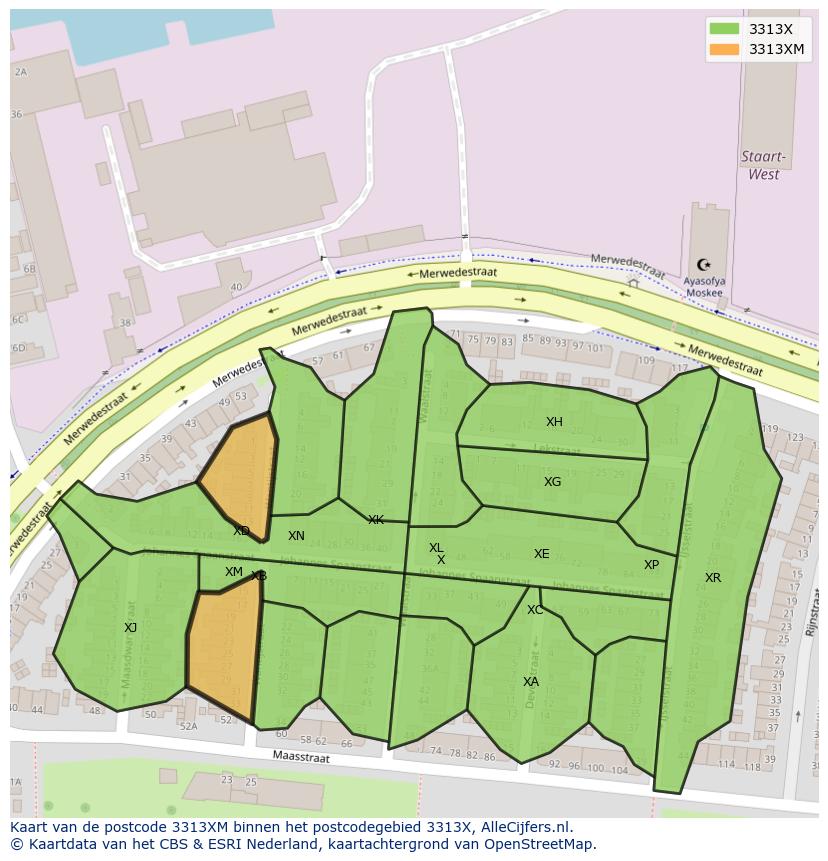 Afbeelding van het postcodegebied 3313 XM op de kaart.