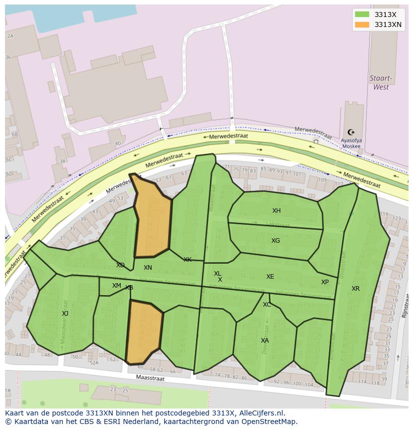 Afbeelding van het postcodegebied 3313 XN op de kaart.