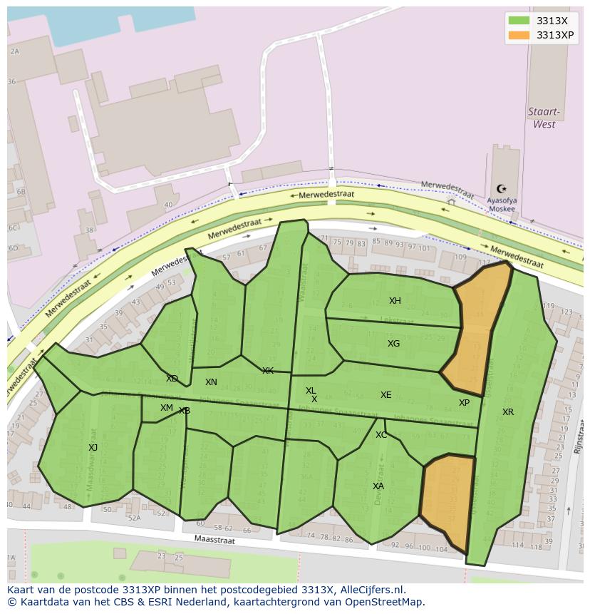 Afbeelding van het postcodegebied 3313 XP op de kaart.
