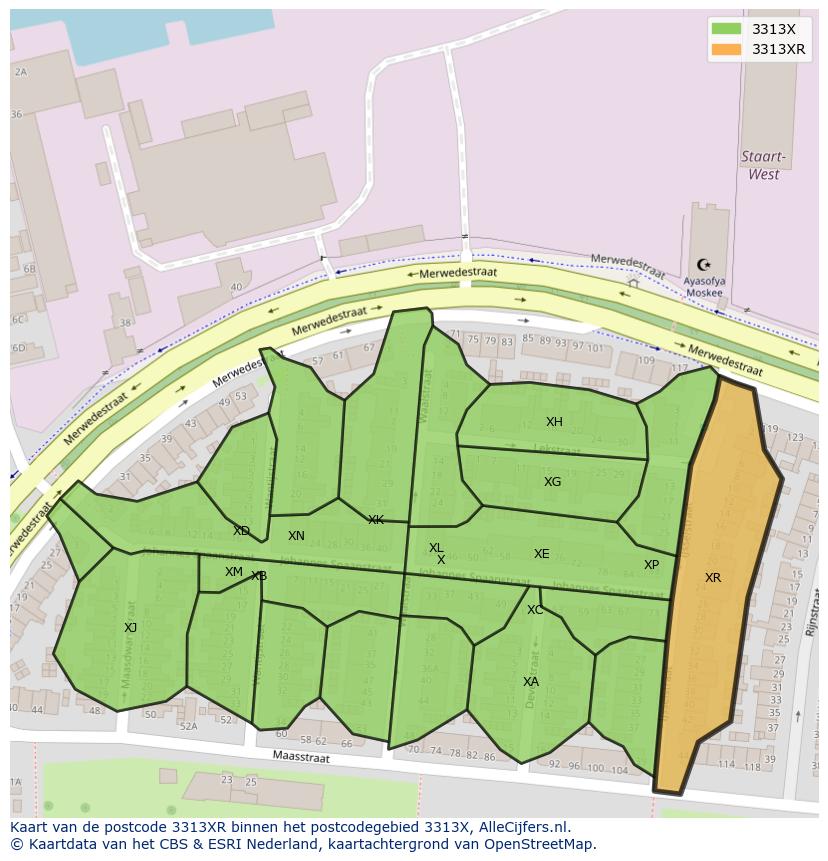 Afbeelding van het postcodegebied 3313 XR op de kaart.