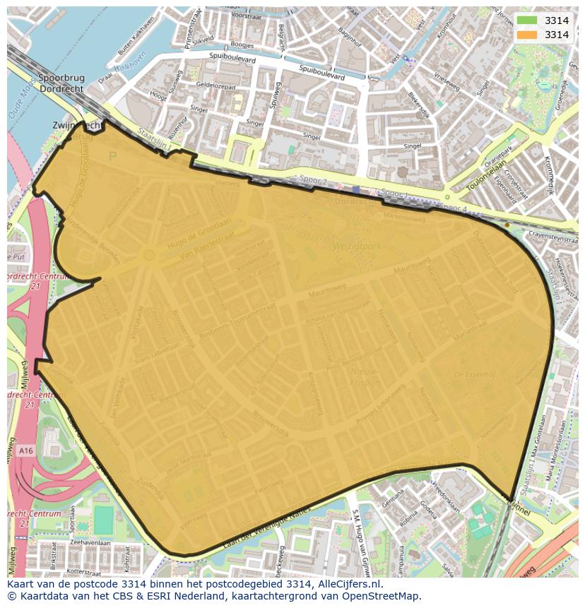 Afbeelding van het postcodegebied 3314 op de kaart.