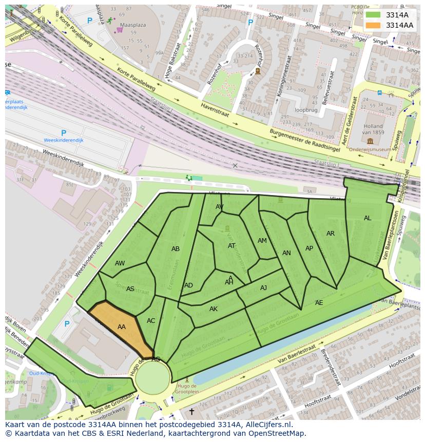 Afbeelding van het postcodegebied 3314 AA op de kaart.