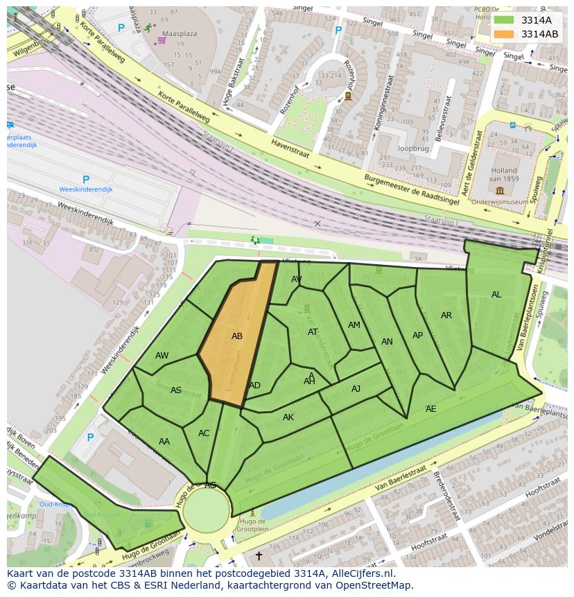 Afbeelding van het postcodegebied 3314 AB op de kaart.