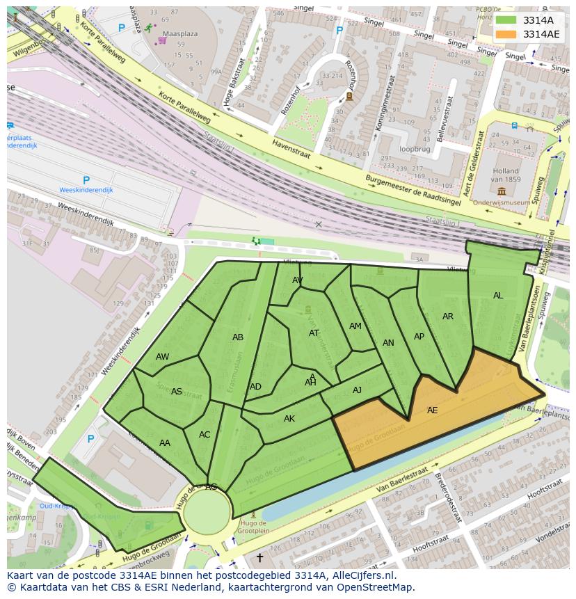 Afbeelding van het postcodegebied 3314 AE op de kaart.