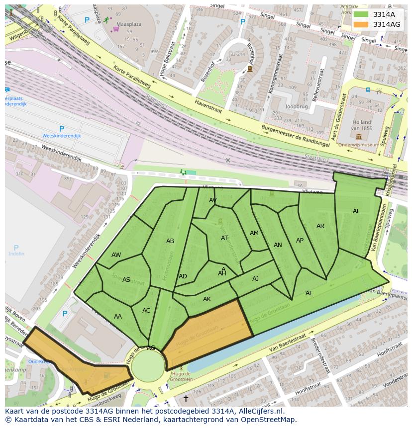 Afbeelding van het postcodegebied 3314 AG op de kaart.