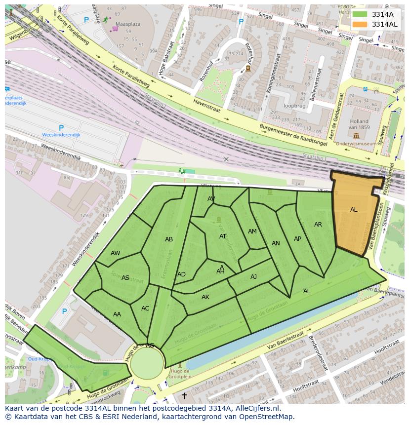 Afbeelding van het postcodegebied 3314 AL op de kaart.
