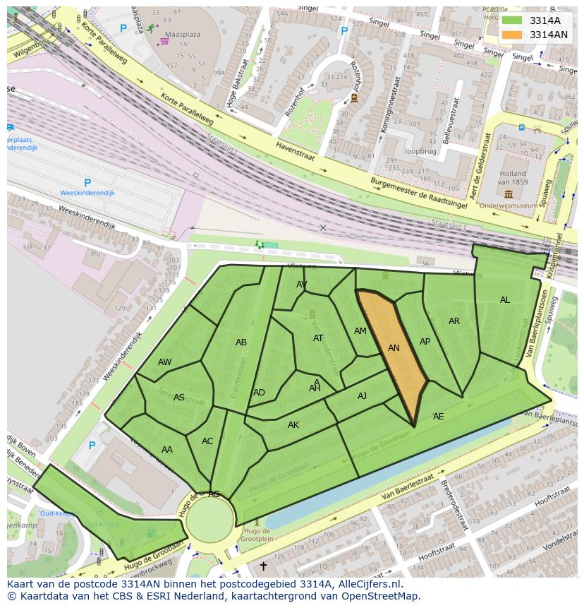 Afbeelding van het postcodegebied 3314 AN op de kaart.