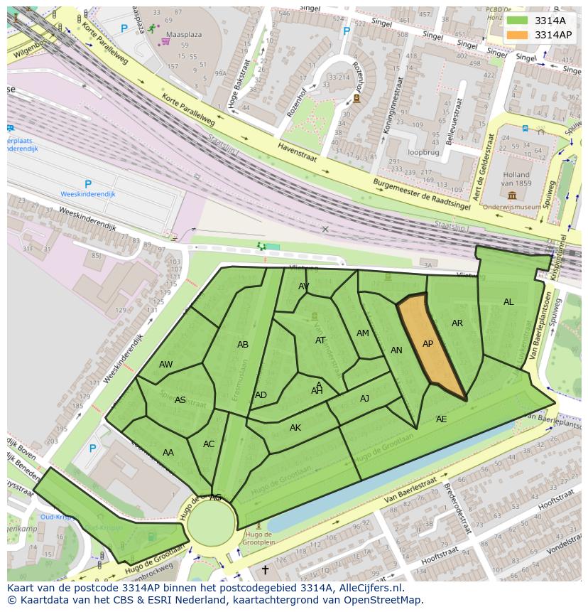 Afbeelding van het postcodegebied 3314 AP op de kaart.
