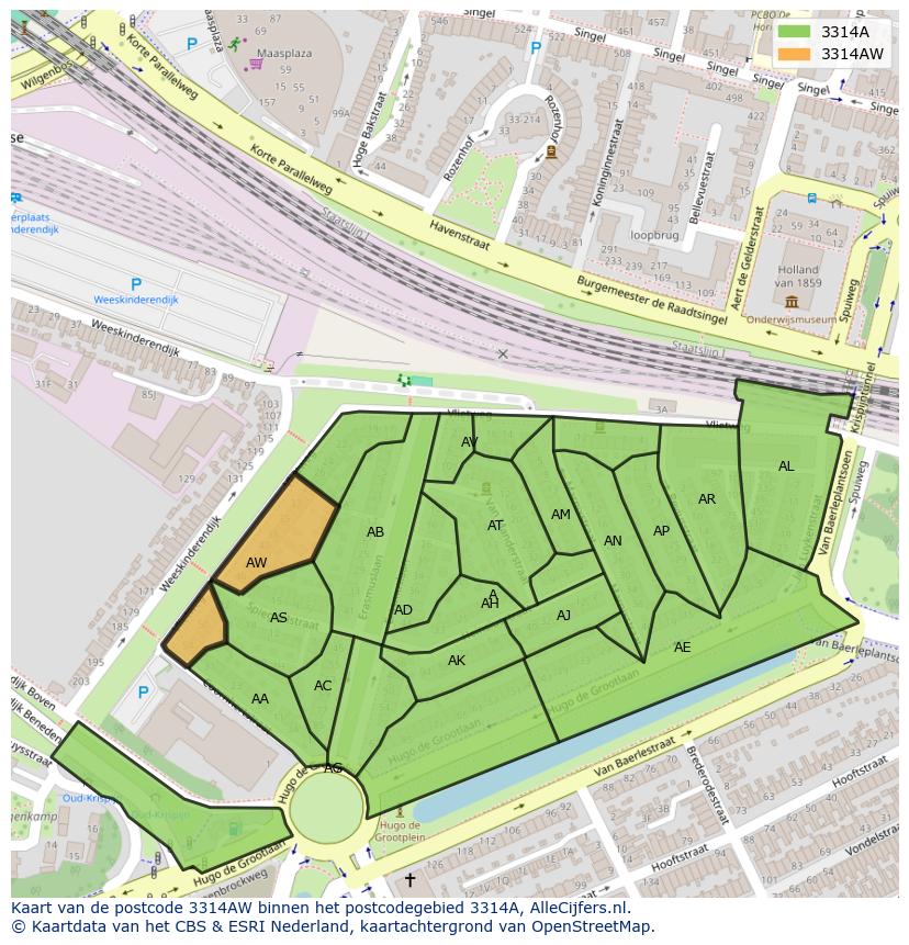 Afbeelding van het postcodegebied 3314 AW op de kaart.