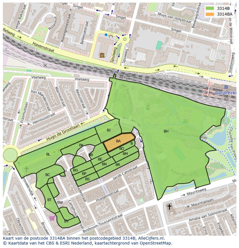 Afbeelding van het postcodegebied 3314 BA op de kaart.