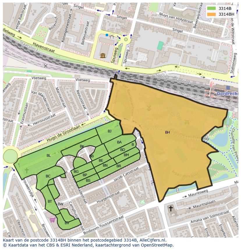 Afbeelding van het postcodegebied 3314 BH op de kaart.