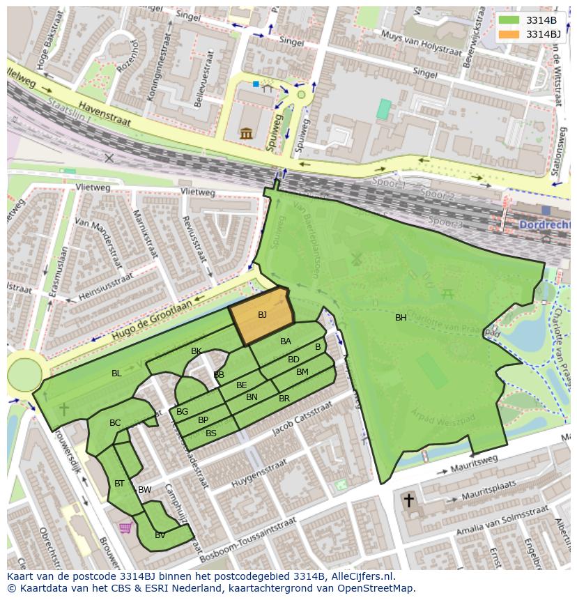 Afbeelding van het postcodegebied 3314 BJ op de kaart.