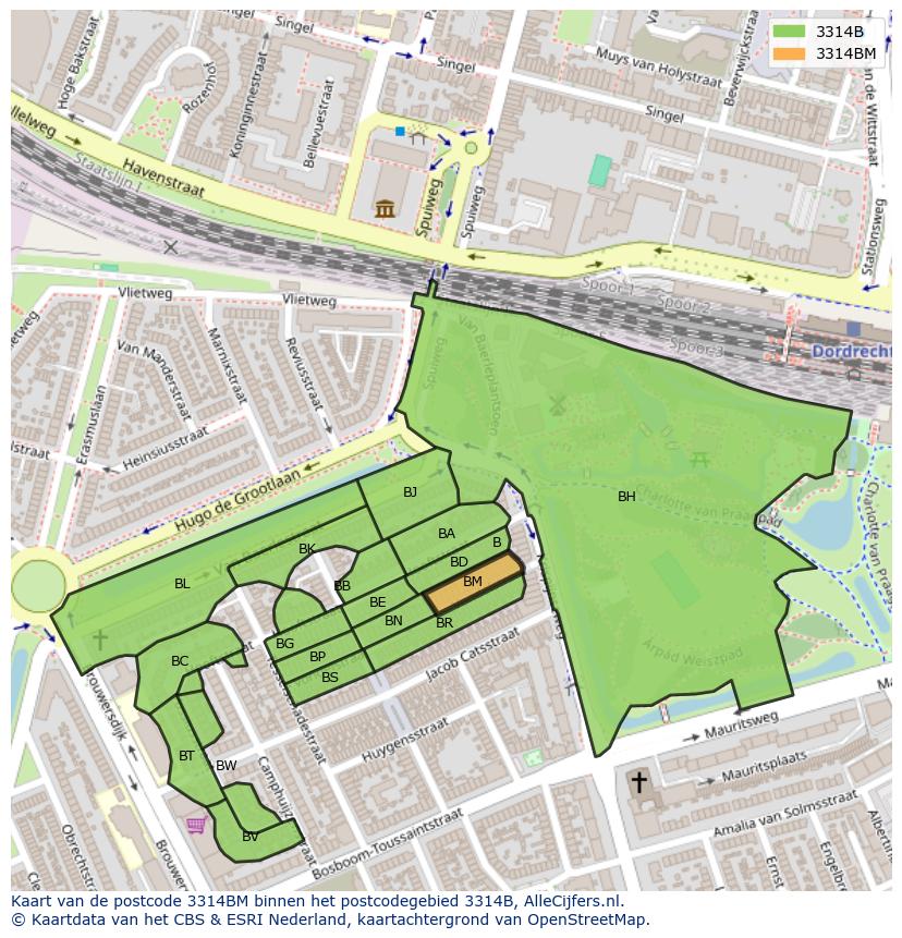 Afbeelding van het postcodegebied 3314 BM op de kaart.