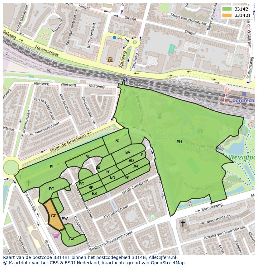 Afbeelding van het postcodegebied 3314 BT op de kaart.