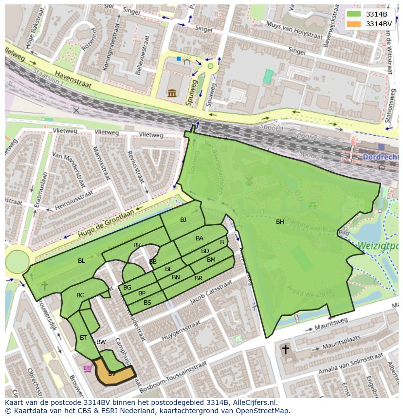 Afbeelding van het postcodegebied 3314 BV op de kaart.