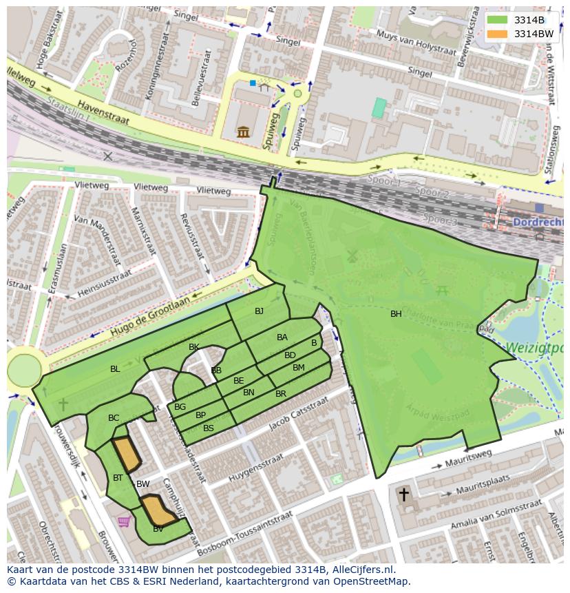 Afbeelding van het postcodegebied 3314 BW op de kaart.