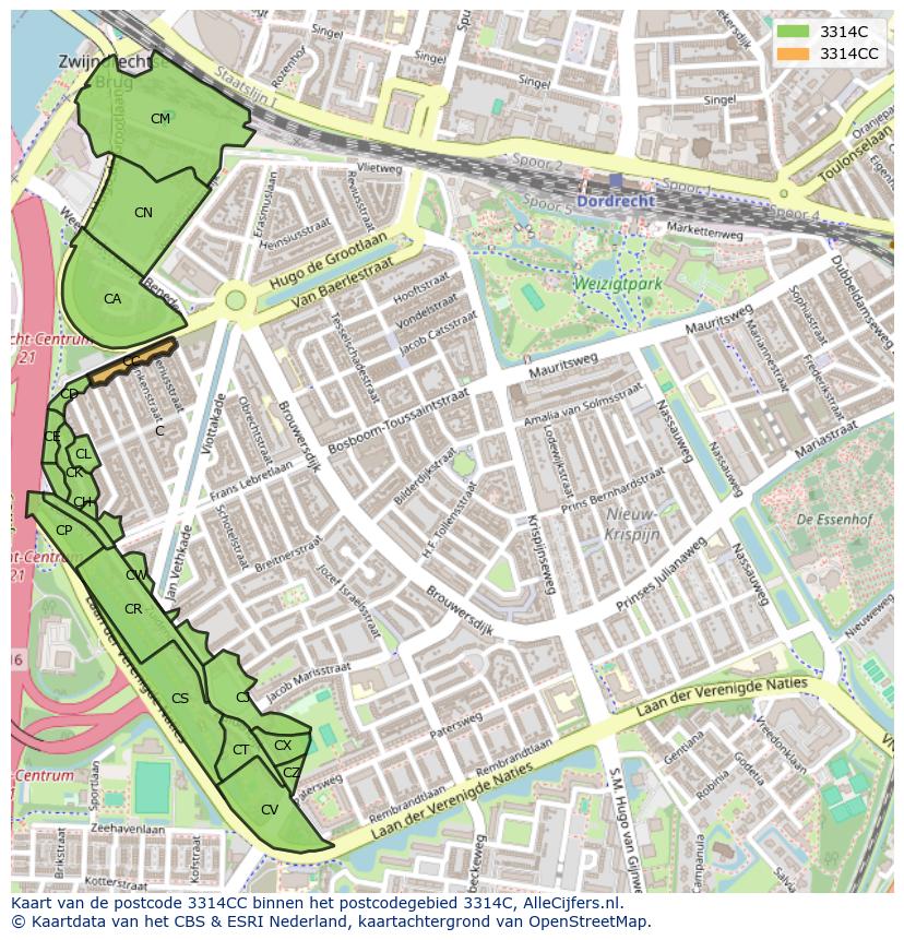 Afbeelding van het postcodegebied 3314 CC op de kaart.
