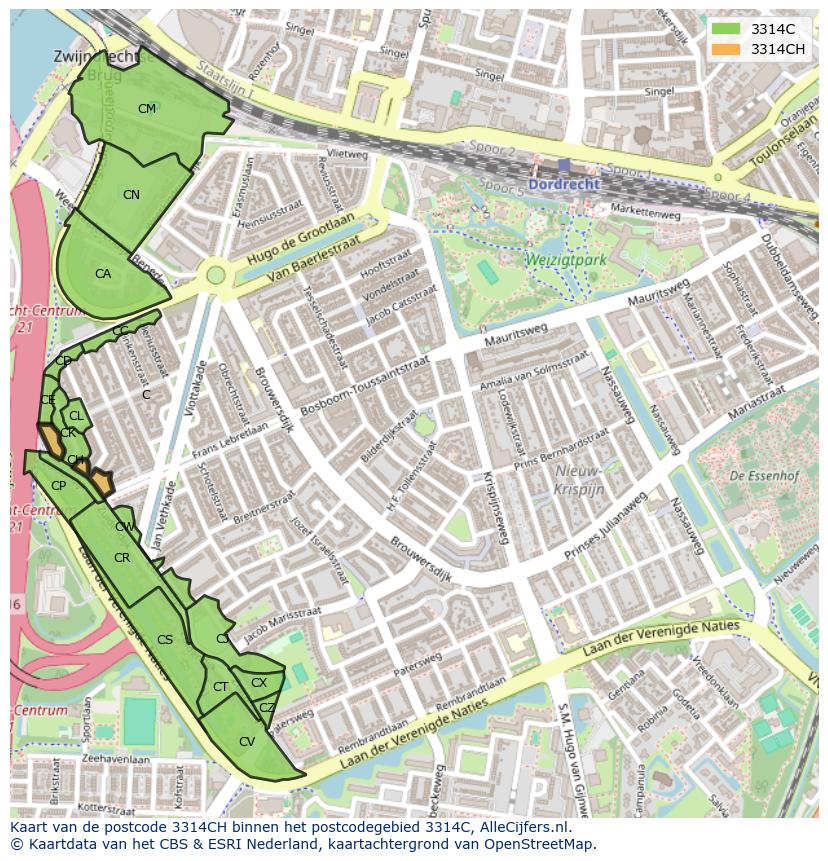 Afbeelding van het postcodegebied 3314 CH op de kaart.