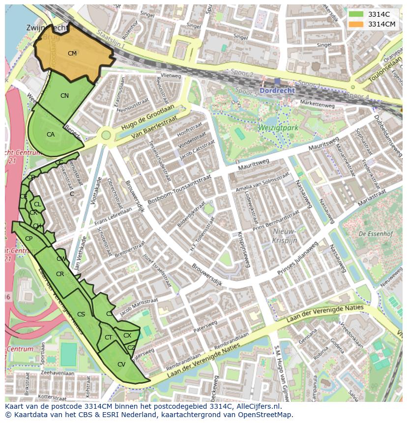 Afbeelding van het postcodegebied 3314 CM op de kaart.