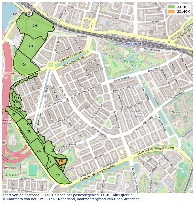 Afbeelding van het postcodegebied 3314 CX op de kaart.