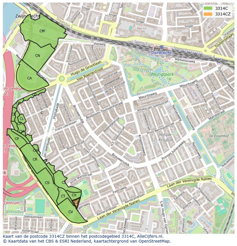 Afbeelding van het postcodegebied 3314 CZ op de kaart.