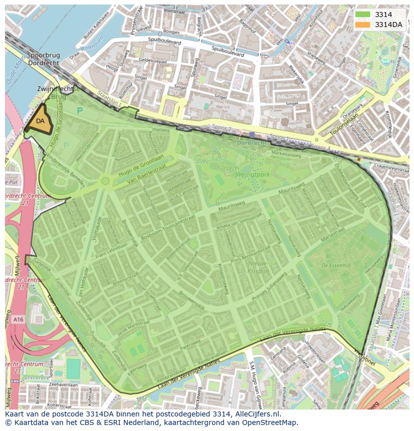 Afbeelding van het postcodegebied 3314 DA op de kaart.