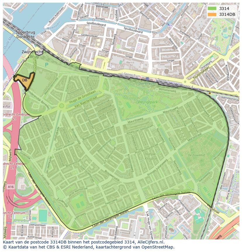 Afbeelding van het postcodegebied 3314 DB op de kaart.