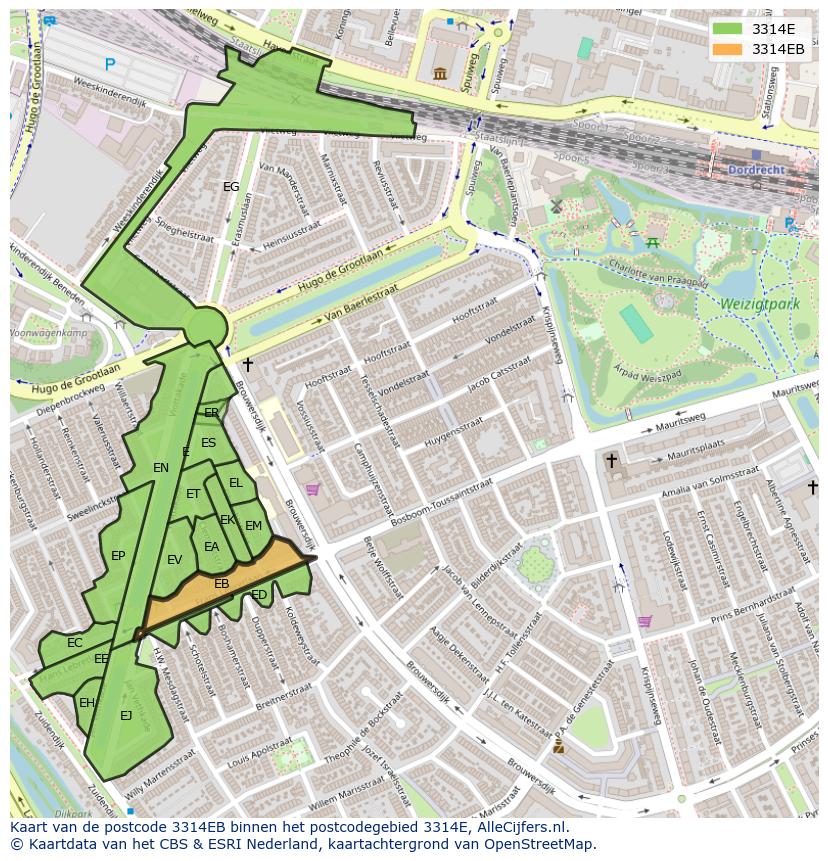 Afbeelding van het postcodegebied 3314 EB op de kaart.