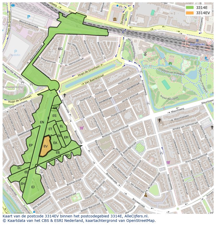 Afbeelding van het postcodegebied 3314 EV op de kaart.