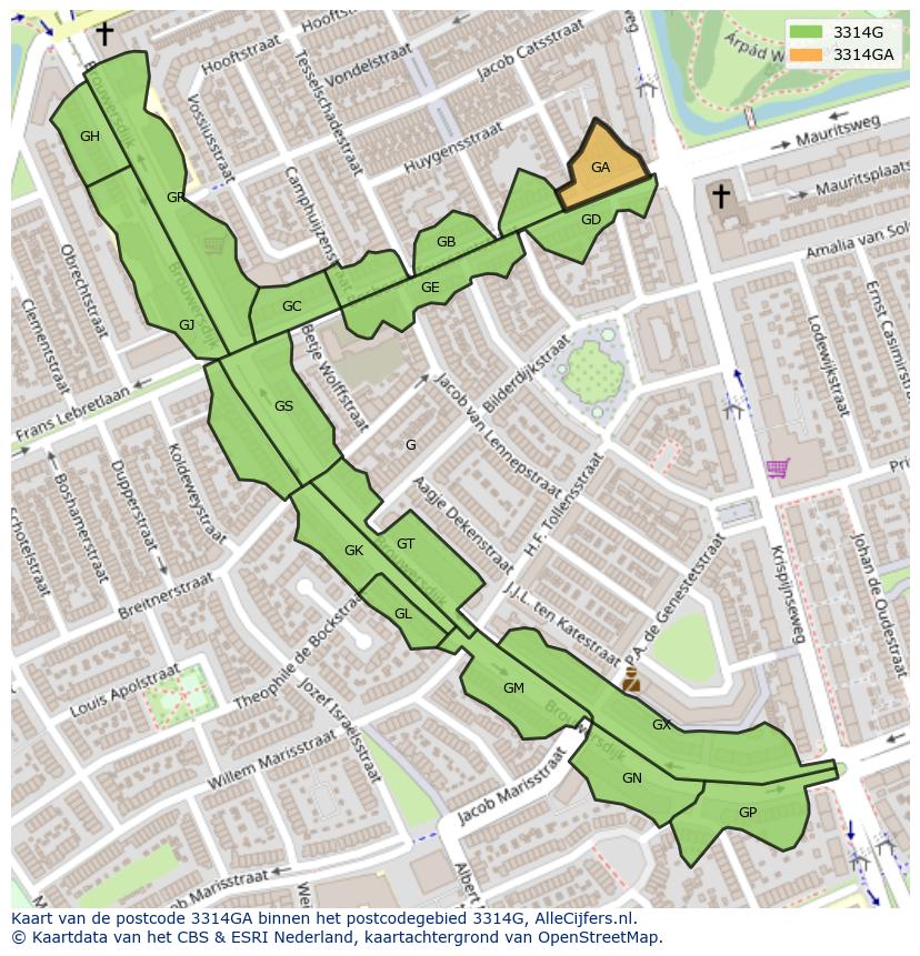 Afbeelding van het postcodegebied 3314 GA op de kaart.