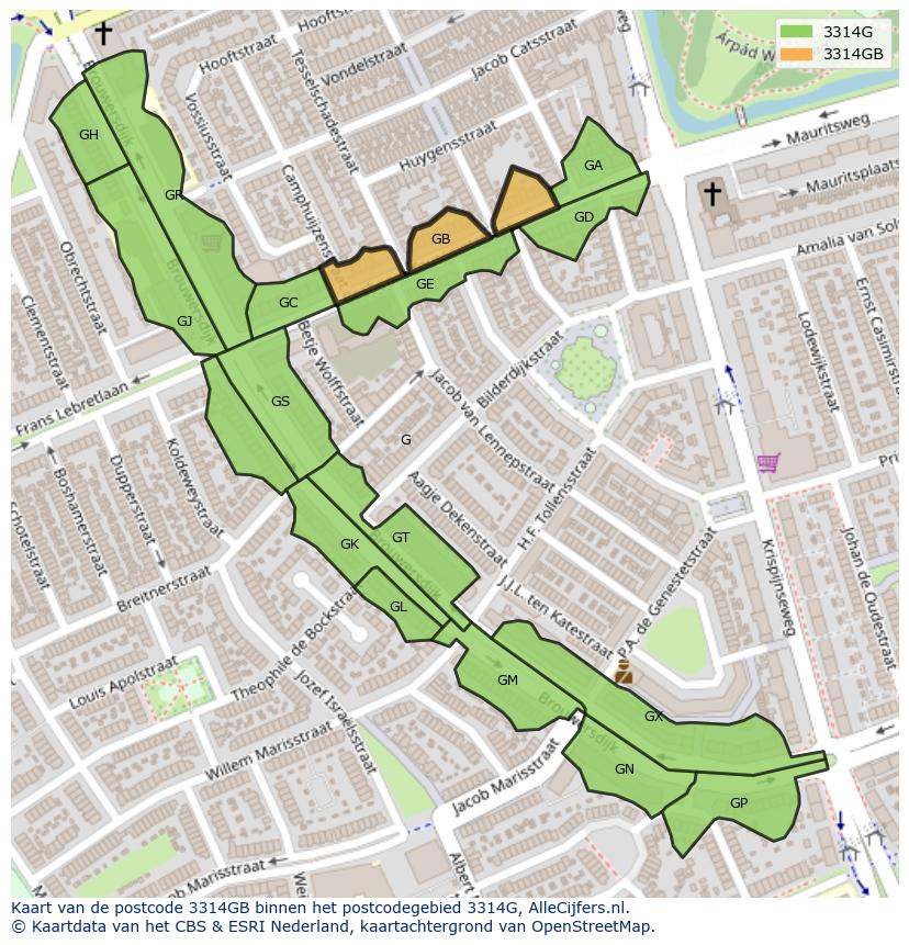 Afbeelding van het postcodegebied 3314 GB op de kaart.