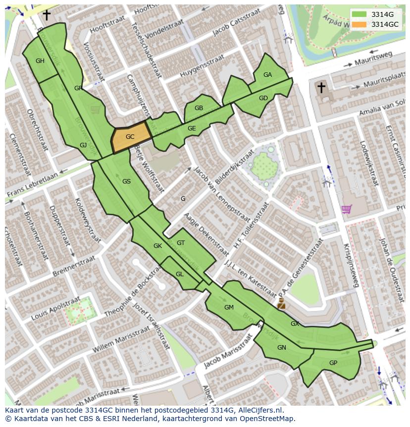 Afbeelding van het postcodegebied 3314 GC op de kaart.