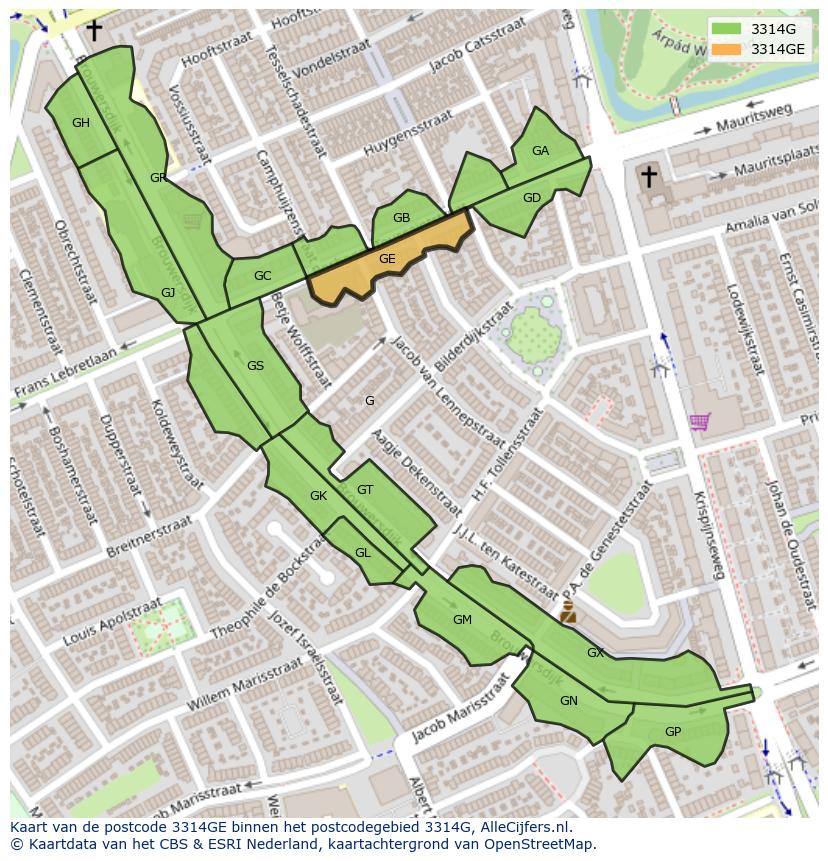 Afbeelding van het postcodegebied 3314 GE op de kaart.