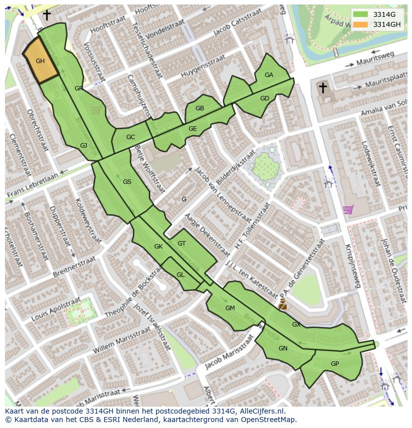 Afbeelding van het postcodegebied 3314 GH op de kaart.