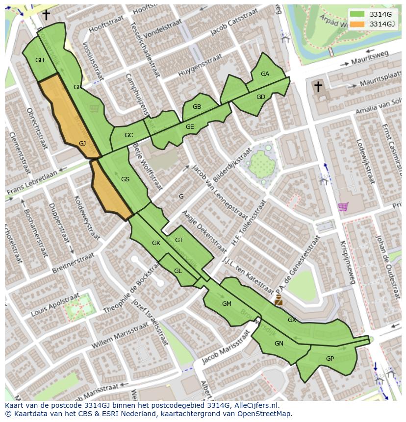 Afbeelding van het postcodegebied 3314 GJ op de kaart.