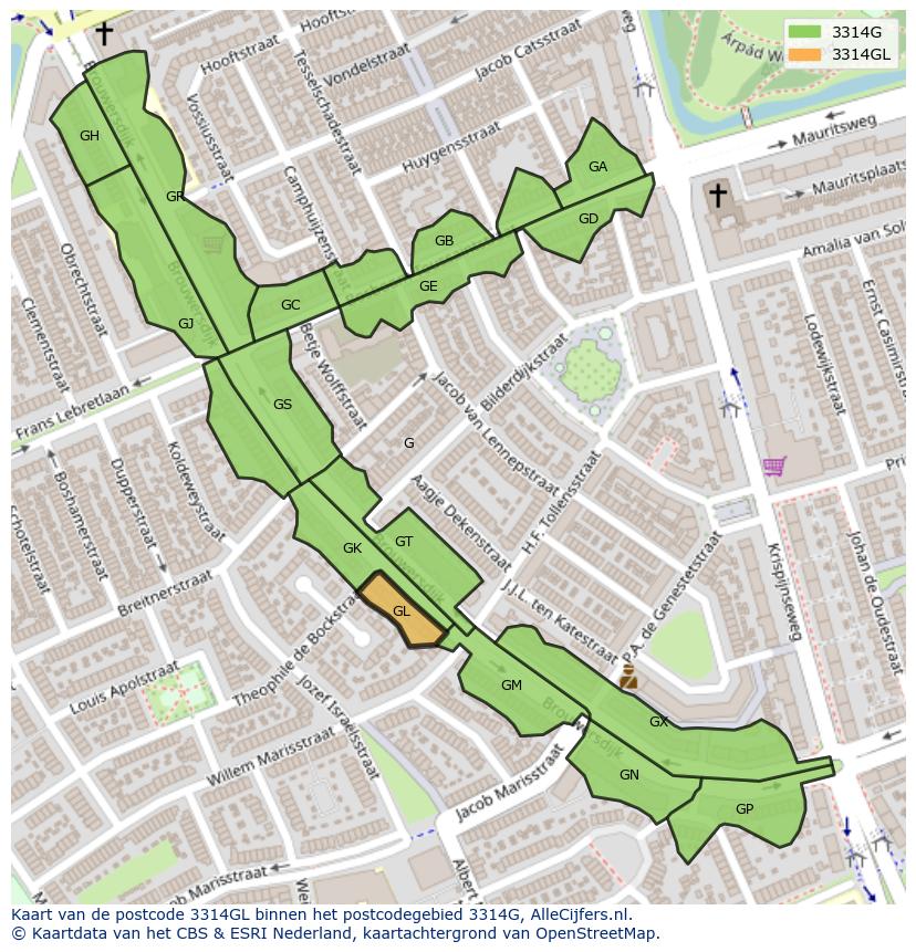 Afbeelding van het postcodegebied 3314 GL op de kaart.