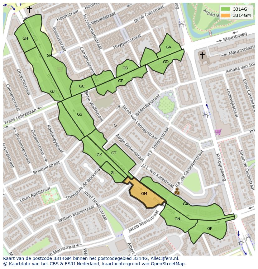 Afbeelding van het postcodegebied 3314 GM op de kaart.